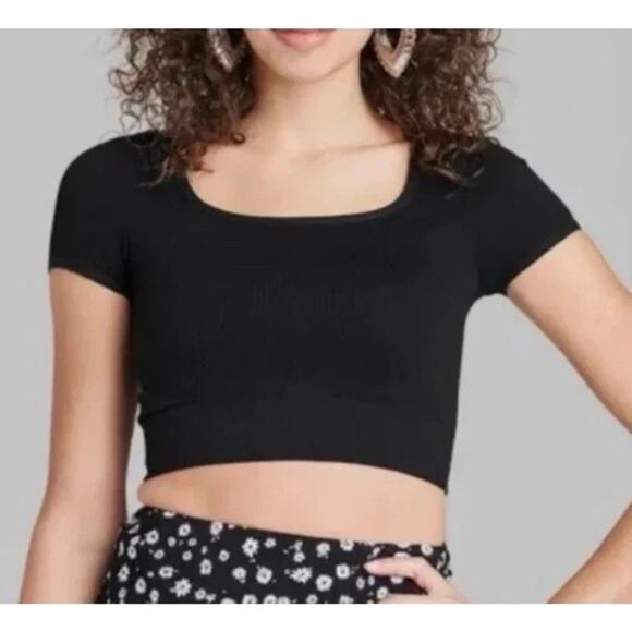 Wild Fable Crop Top Women’s Size Large Black Ribbed Scoop Neck Short Sleeve Y2K - Picture 1 of 11